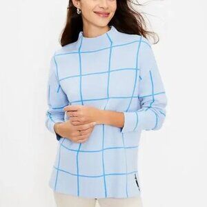NWT LOFT Windowpane Mock Neck Block Pattern Knit Tunic Sweater Blue M Petite